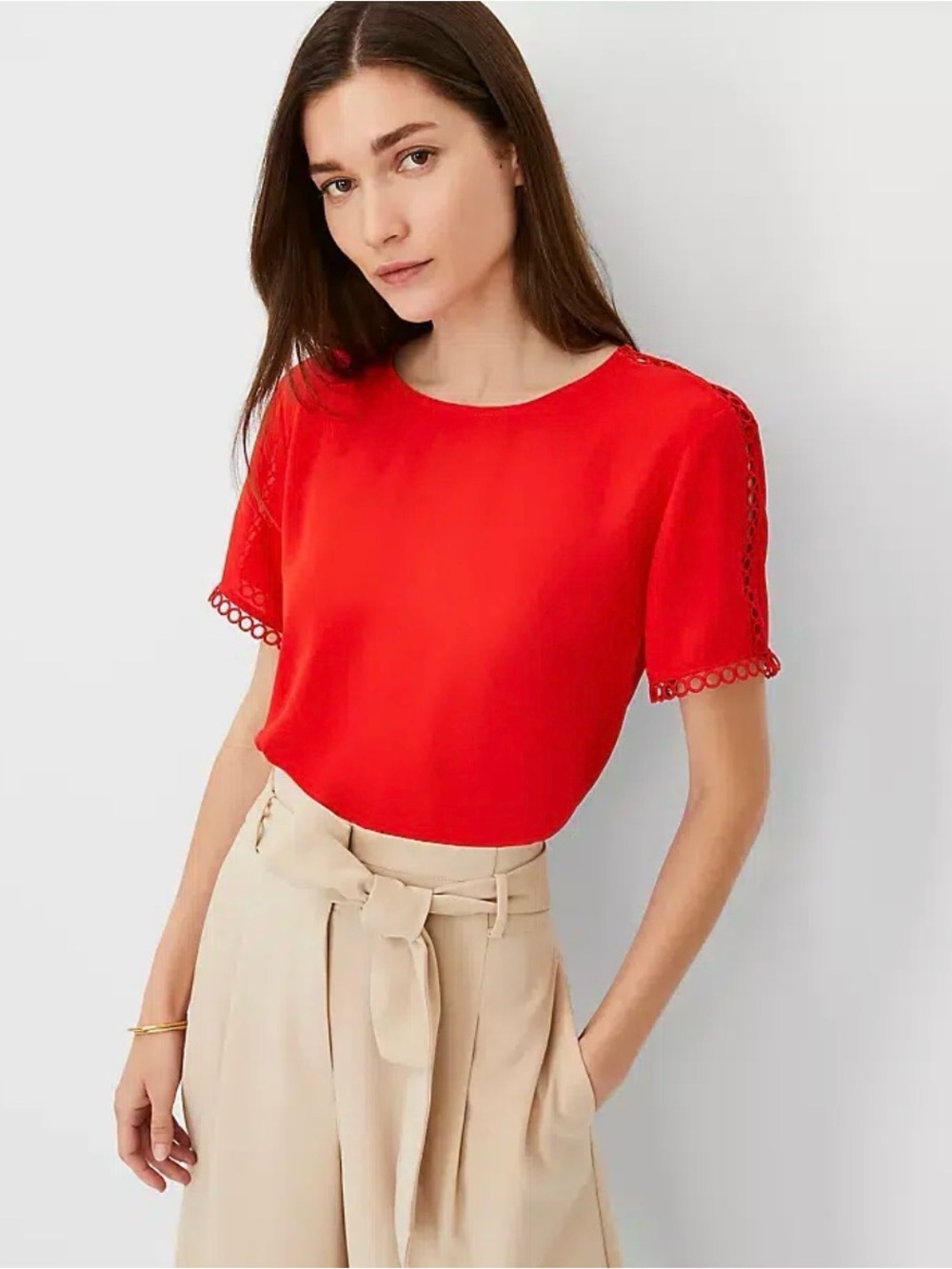 Ann Taylor Red Short Sleeve Blouse with Lace-Trim Sleeves
